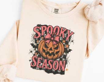 Spooky Season Sweatshirt, Retro Pumpkin Bow Crewneck, Comfort Colors Halloween Shirt, Checkered Jack O Lantern Top, Cute Women Fall Shirt
