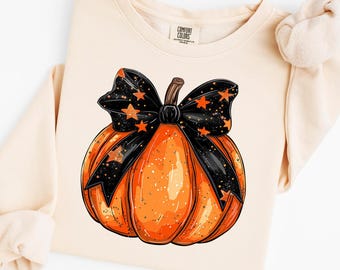 Pumpkin Black Bow Sweatshirt, Coquette Halloween Pumpkin Crewneck, Glitter Pumpkin Bow Shirt, Comfort Colors Girly Spooky Fall Halloween Tee