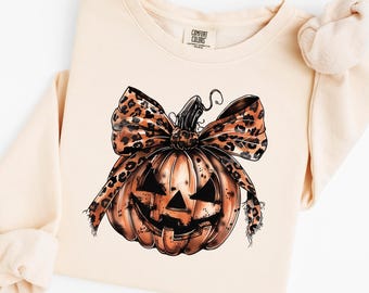 Leopard Pumpkin Shirt, Comfort Colors Halloween Crewneck, Jack O Lantern Bow Shirt, Cute Fall Sweatshirt Women, Cheetah Print Halloween Top