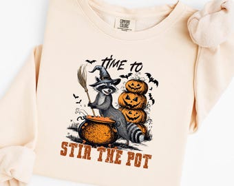Stir The Pot Raccoon Sweatshirt, Witch Raccoon Halloween Tee, Comfort Colors Funny Fall Tee, Raccoon Cauldron Top, Cute Animal Halloween Tee