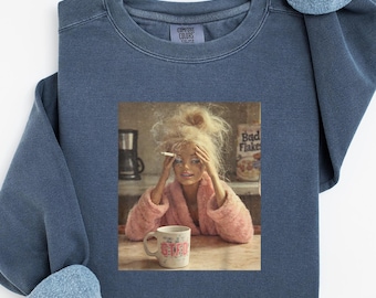Funny GTFO Mug Doll Shirt, Tired Morning Meme Tee, Pink Robe Doll Graphic, Y2K Funny T-Shirt, Trendy Meme Sarcastic Shirt