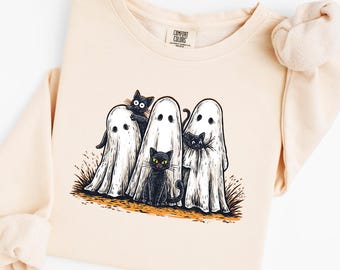 Black Cat Ghost Sweatshirt, Comfort Colors Halloween Crewneck, Spooky Cat Shirt Women, Ghost Cat Halloween Top, Cute Fall Sweatshirt