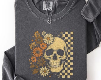 Floral Skull Sweatshirt, Comfort Colors Halloween Crewneck, Gold Skull Checkered Shirt, Boho Skull Fall Top, Aesthetic Halloween Sweatshirt