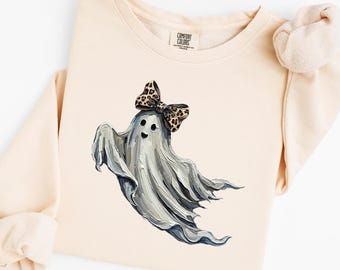 Ghost Leopard Bow Sweatshirt Halloween Cute Spooky Girly Ghost Comfort Colors Crewneck Fall Graphic Sweatshirt Women Halloween Gift Idea