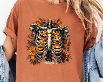Skeleton Pumpkin Sweatshirt, Floral Rib Cage Halloween Shirt, Comfort Colors Spooky Crewneck, Botanical Halloween Top, Edgy Fall Sweatshirt