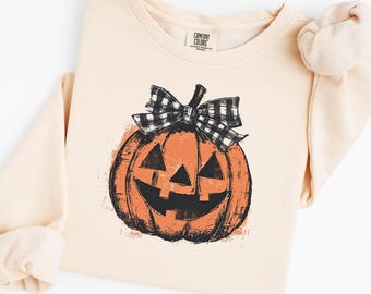 Pumpkin Bow Sweatshirt Halloween Jack O Lantern Buffalo Plaid Coquette Spooky Season Comfort Colors Crewneck Fall Graphic Sweatshirt Gift