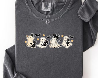 Ghost Cat Sweatshirt, Cute Ghost Black Cat Crewneck, Comfort Colors Halloween Shirt, Ghost Row Fall Top, Whimsical Halloween Sweatshirt