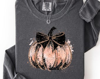 Pumpkin Bow Sweatshirt, Comfort Colors Halloween Crewneck, Cute Fall Sweatshirt for Women, Coquette Pumpkin Shirt, Aesthetic Autumn Top