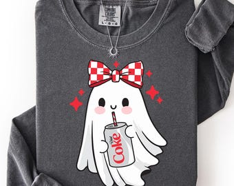 Ghost Soda Can Sweatshirt, Cute Ghost Checkered Bow Crewneck, Funny Diet Coke Ghost Shirt, Comfort Colors Girly Halloween Fall Gift