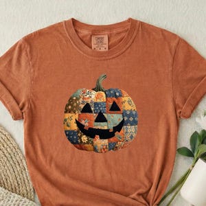 Pumpkin Sweatshirt, Faux Patchwork Halloween Tee, Jack O Lantern Boho Comfort Colors Crewneck, Fall Graphic Sweatshirt Women Gift