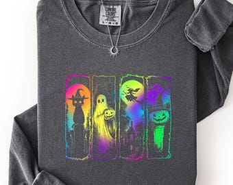 Rainbow Halloween Tee, Neon Spooky Panel Crewneck, Comfort Colors Colorful Halloween Shirt, Bright Ghost Witch Fall Top, Cute Halloween Tee