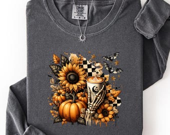 Skeleton Coffee Shirt, Spooky Latte Halloween Shirt, Comfort Colors Pumpkin Fall Shirt, Skeleton Hand Coffee Top, Dark Floral Halloween Tee