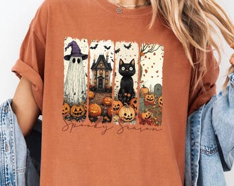 Spooky Season Sweatshirt, Comfort Colors Halloween Crewneck, Ghost Black Cat Haunted House Shirt, Vintage Halloween Top, Women Fall Shirt