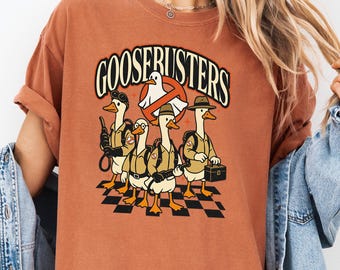 Goosebusters Halloween Tee, Funny Goose Ghostbusters Crewneck, Spooky Goose Parody Tee, Retro Checkerboard Halloween Tee, Comfort Colors Tee