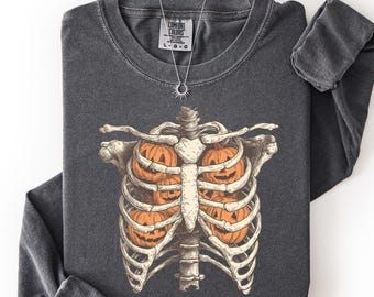 Skeleton Rib Cage Pumpkin Sweatshirt Halloween Spooky Anatomy Jack O Lantern Comfort Colors Crewneck Fall Graphic Sweatshirt Women Gift