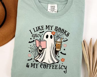 Spicy Books Ghost Shirt, Book Lover Halloween Crewneck, Comfort Colors Reader Fall Shirt, Ghost Coffee Book Top, Funny Bookish Halloween Tee