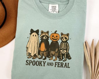 Spooky And Feral Sweatshirt, Raccoon Halloween Shirt, Comfort Colors Funny Fall Shirt, Raccoon Costume Top Women, Cute Animal Halloween Tee