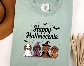 Happy Halloweenie Shirt, Dachshund Halloween Shirt, Comfort Colors Dog Halloween Shirt, Weiner Dog Fall Top, Cute Dog Lover Halloween Shirt