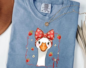 Strawberry Goose Shirt, Cute Goose Tee, Bow Goose Shirt, Cottagecore Tee, Comfort Colors Shirt, Funny Gift for Her, Aesthetic Goose Tee