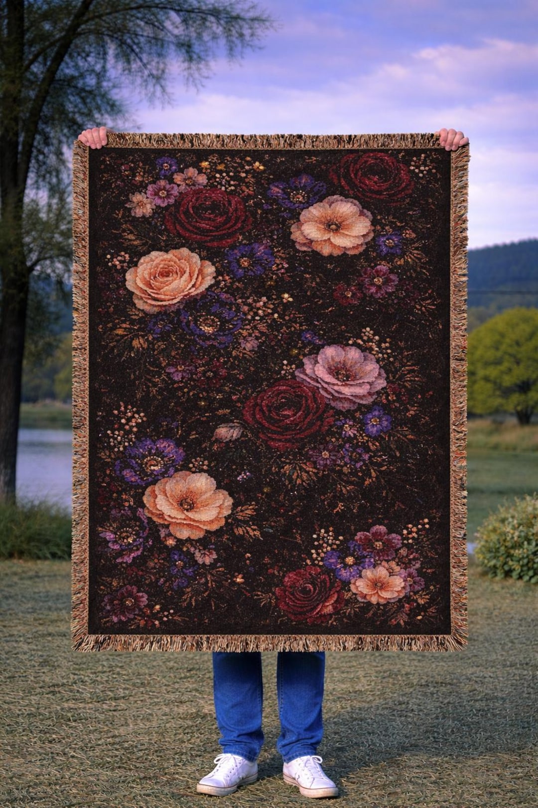 Vintage Rose Pattern Woven Blanket Floral, Botanical Throw, Dark Boho ...