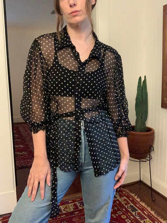 100% Silk Polka Dot Sheer Blouse - image 2