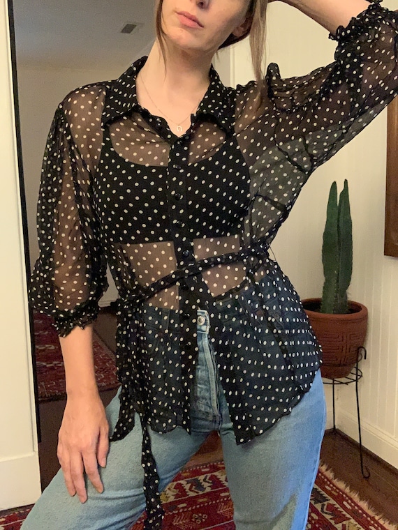 100% Silk Polka Dot Sheer Blouse - image 1