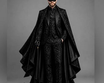 Traje de frac gótico de terciopelo para hombre, disfraz de vampiro steampunk, traje de esmoquin negro.