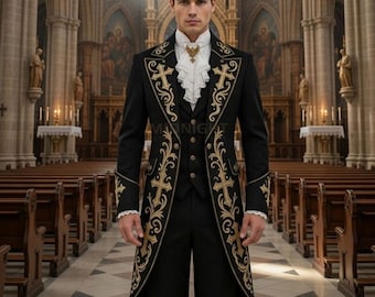 Conjunto de abrigo y chaleco gótico para sacerdote masculino: frac barroco con bordado cruzado, traje de iglesia victoriano