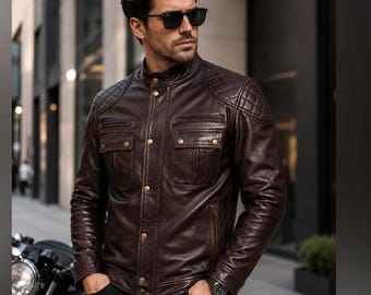 Chaqueta de moto de cuero marrón Mirage para hombre – Abrigo estilo café racer con hombros acolchados