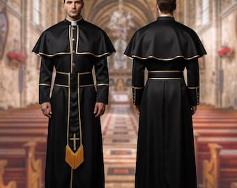 Sotana gótica de sacerdote para hombre: traje de clérigo con ribete dorado, atuendo para iglesia católica.