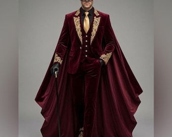 Traje de frac de terciopelo burdeos para hombre – Disfraz gótico steampunk de vampiro para mascarada