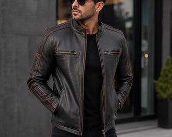 Chaqueta de cuero negro desgastado estilo café racer para hombre, abrigo estilo motero con rayas marrones