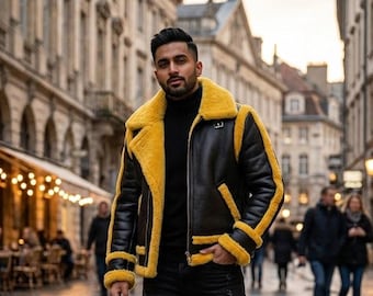 Chaqueta bomber de aviador B3 de piel de oveja negra y amarilla para hombre – Abrigo de vuelo de piel de oveja para invierno