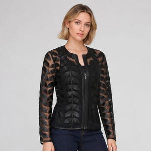 Zwarte leren jas voor dames en heren met bladapplicatie - Handgemaakte bomberjas van transparant mesh - Lichtgewicht leren designerjas - Gotisch modecadeau