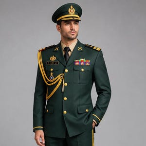 May include: A dark green military-style dress uniform consisting of a long-sleeved jacket with gold buttons, a matching peaked cap, and trousers with a gold side stripe. The jacket features a gold braided aiguillette, a name tag, and ribbons.
