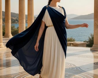 May include: A woman in a flowing white dress and a dark blue cape stands on a marble patio with columns. She wears a gold laurel wreath and a gold belt. The background features a sea and mountains.
