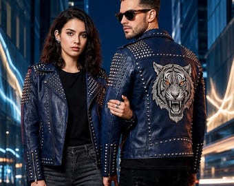 Chaquetas de piel de tigre a juego para parejas, conjunto de motociclista con tachuelas, abrigo gótico punk rock.