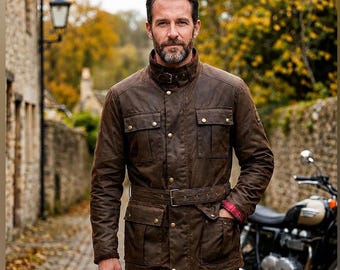 Chaqueta motera de hombre estilo cera – Abrigo de moto británico con forro de tartán