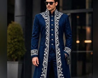 Blue Cotton Sherwani Suit, Silver Embroidery, Royal Wedding Groom Wear