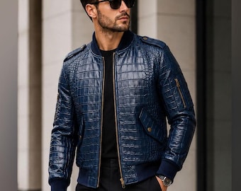 Chaqueta bomber de cuero azul con relieve de cocodrilo para hombre, abrigo de aviador.