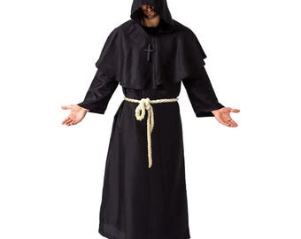 Disfraz de monje negro con capucha y cinturón de cuerda - Disfraz de sacerdote medieval gótico religioso
