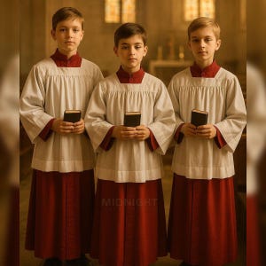 Puede incluir: Tres jóvenes con túnicas de coro a juego. Cada persona lleva una túnica blanca con ribetes rojos y una falda larga roja. Cada uno sostiene un pequeño libro negro. La imagen está tomada en interiores, probablemente en una iglesia.