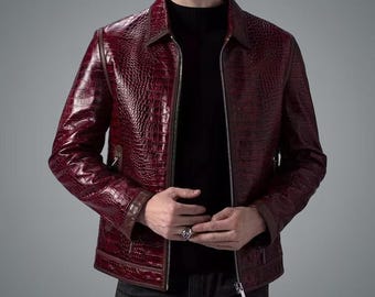 Chaqueta de motociclista de piel auténtica con relieve de cocodrilo, chaqueta de motociclista burdeos, abrigo con textura de caimán exótico