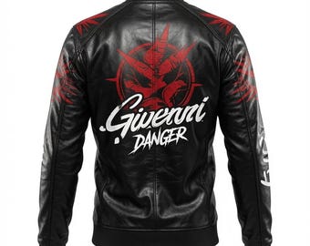 Chaqueta bomber de cuero negro para hombre – Abrigo motero urbano con estampado gráfico rojo – Regalo para él