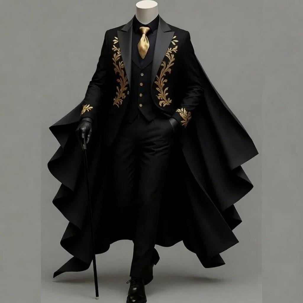 Black Velvet Victorian Gothic Suit with Cape, Gold Embroidery Tailcoat Set