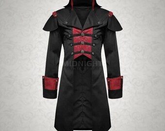 Abrigo victoriano gótico steampunk para hombre: chaqueta militar de cola larga negra y roja, ideal para cosplay histórico.