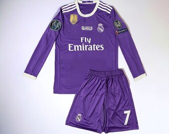 Real Madrid 2016-2017 Purple Away Full Kit Cristiano Ronaldo No. 7 Champions League Jersey, Shorts - Long Sleeve Football Uniform