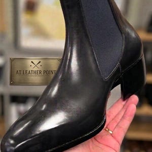 Mens Handmade Shoes Black Leather High-Heel Chelsea Boots Sleek Square Toe Ankle