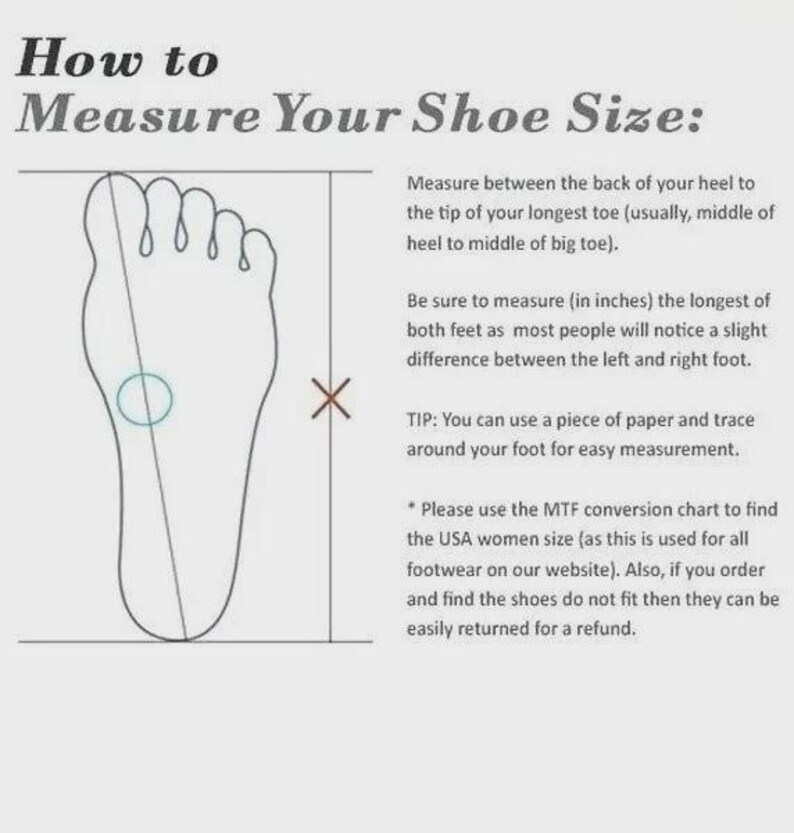 Może przedstawiać: Grafika instruktażowa zatytułowana How to Measure Your Shoe Size przedstawiająca czarny zarys ludzkiej stopy. Przekątna linia łączy piętę z najdłuższym palcem, a tekst wyjaśnia, jak mierzyć w calach i korzystać z tabeli konwersji.