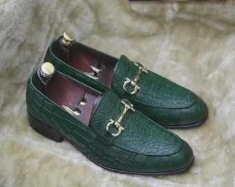 Handmade Men Green Crocodile Texture Leather Shoes Loafer Slip-On Formal Dress